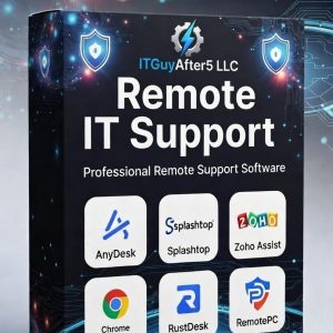 Professional remote IT support session: technician assisting customer via secure screen sharing on laptop with headset and lock icon for data protection